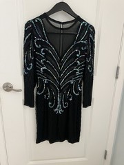 A.J. Bari Black Solid Beaded Sequin Sheath V-Neck Long Sleeve Knee Dress 10P