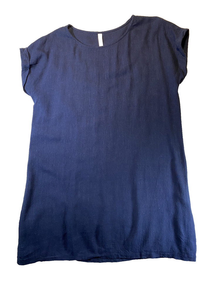Stella Morgan Dress Womens 10 Linen Cotton Blend Navy Blue Shift Short Sleeve