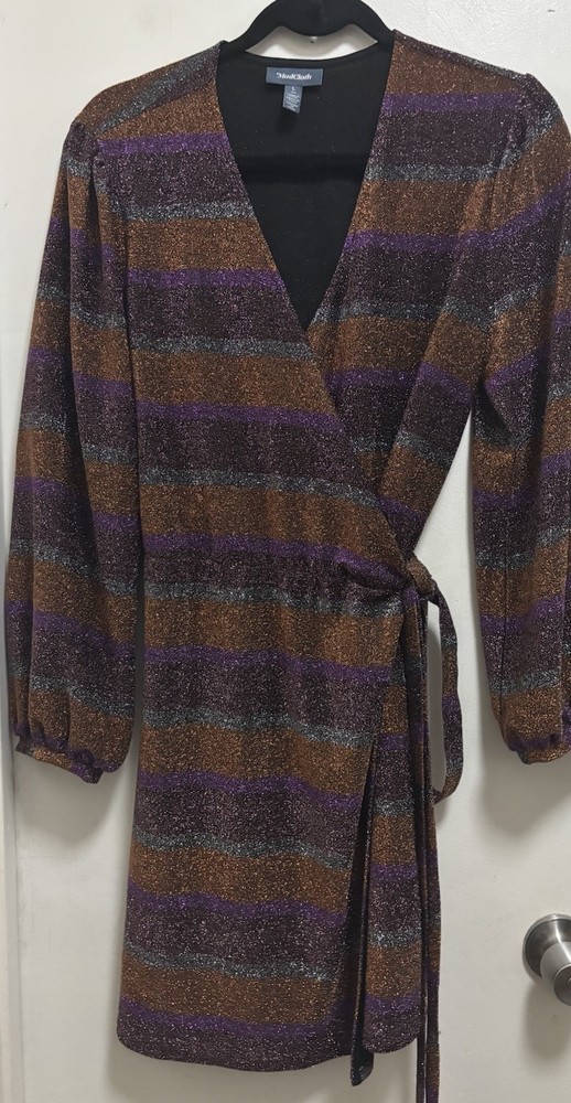 ModCloth Multicolor Metallic Striped Stretch Elastic Waist Wrap Dress Sz L