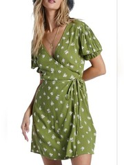 Billabong Green Chiquita Floral Printed Wrap Dress Beach Boho Girly – Size XL