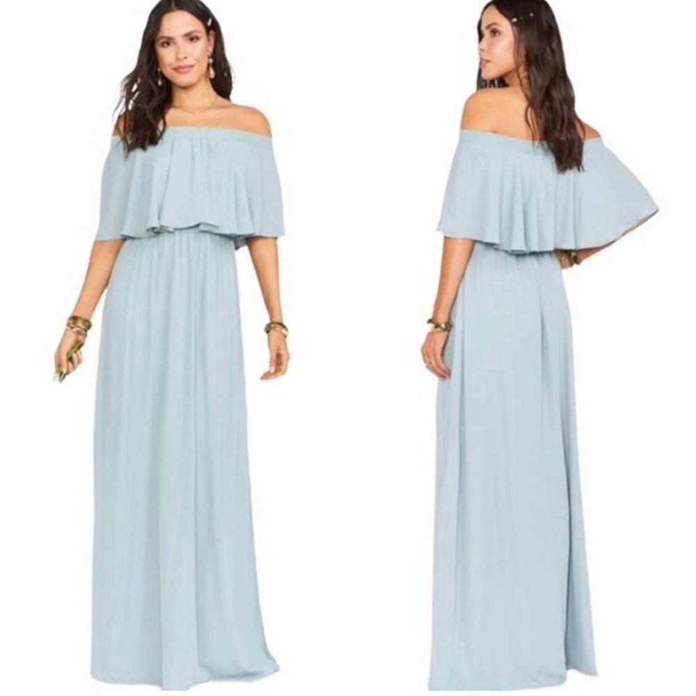 Show Me Your Mumu Hacienda Off The Shoulder Maxi Dress Silver Sage Crisp XXS NWT