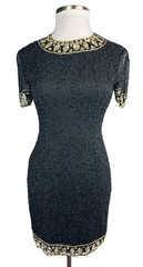 *Flawed A.J. Bari Black Silk Beaded Cocktail Dress Short Sleeve Sequins Size 10