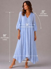 NEW LightBlue Cotton Boho Maxi Dress Oversized Relaxed Fit with Pockets Thailand