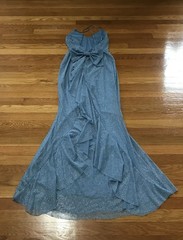 Blue Solid Glitter V-Neck Spaghetti Strap Long Formal Gown Bow Ruffle Adjust