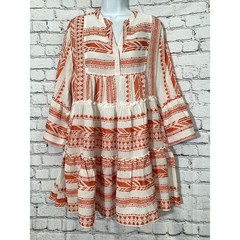 Elan Orange White Embroidered Tiered Mini Dress Boho Bell Sleeve Small
