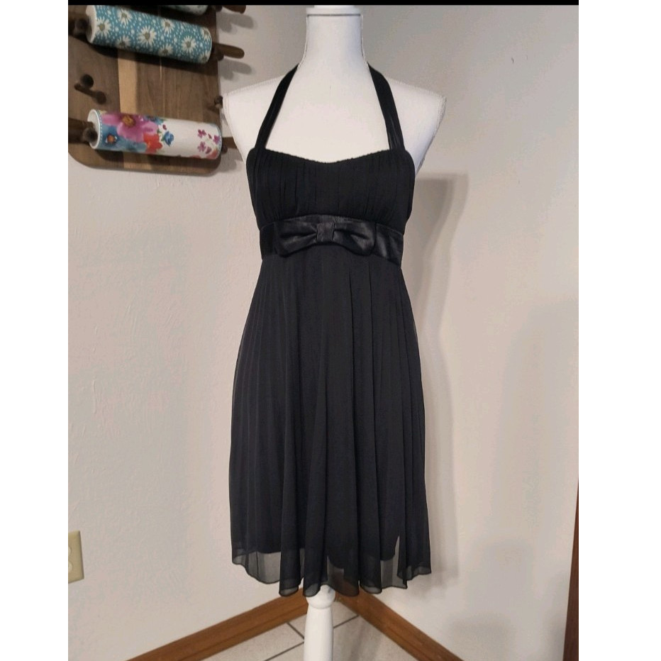 Ruby Rox Black Chiffon Halter Bow Pleated A-Line Party Dress Lined Knee S