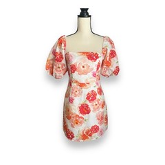 Charlie Holiday Floral Puff Sleeve Mini Dress Orange Pink Linen Blend Size 6