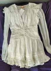 Rococo Sand True 1800 Dress White Metallic Long Sleeve Deep V-Neck Sz M NWT