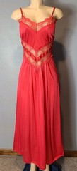 Vtg Satin Slip Dress Lace Basque Waist Chemise Maxi Jewel Red Victorian Large