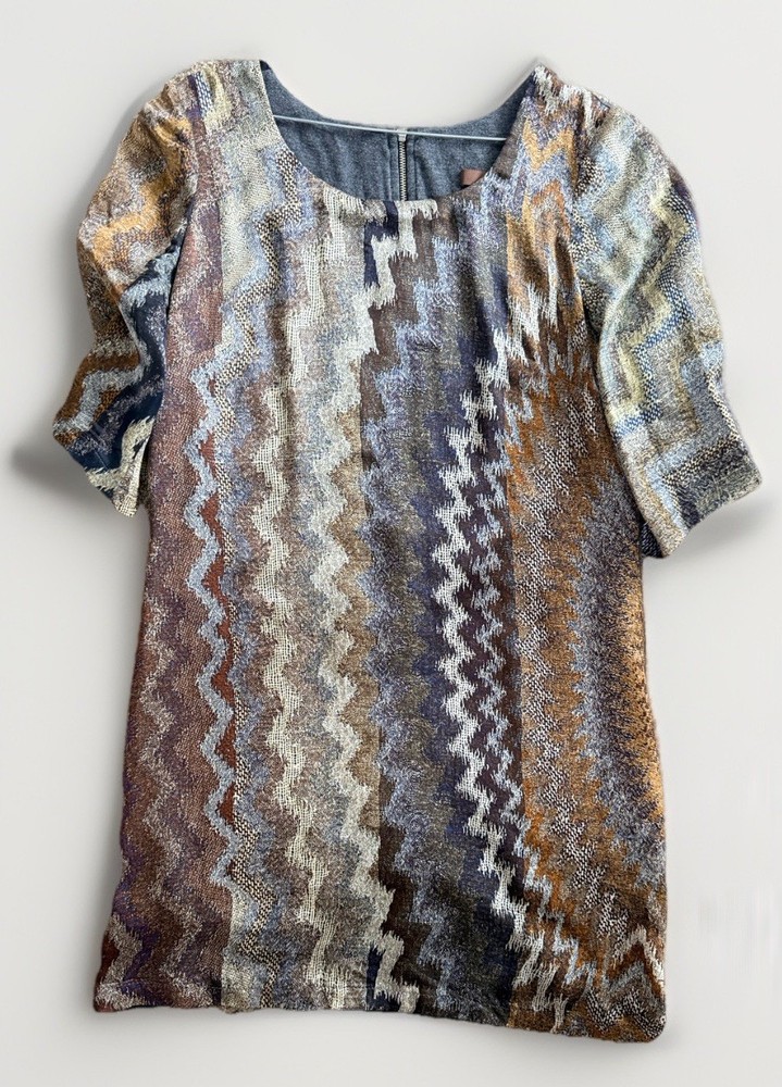 Single Multicolor Knit Silk Blend Shift Dress Geometric Knee Length Zip 3/4 S*