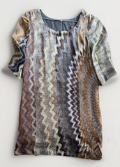 Single Multicolor Knit Silk Blend Shift Dress Geometric Knee Length Zip 3/4 S*