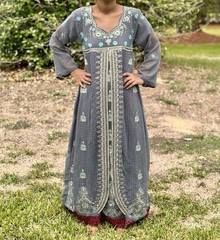 Grey Silver Embroidered Kaftan Dress Jalabiya Maxi Turquoise Beaded Trim Festive