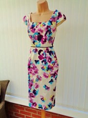 MONSOON AVA PURPLE BLUE GREEN MULTI FLORAL SEQUIN PENCIL MIDI DRESS 10 ONCE £110