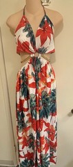 BeachCore tropical print halter maxi dress featuring gold chain cut-out details.