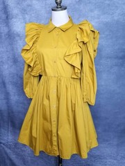 ZARA Mustard Yellow Voluminous Ruffled Poplin Mini Shirt Dress Boho Chic Size S