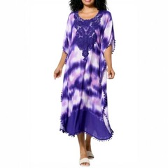 Antthony Caftan Dress Womens M/L Purple Print Tie-Dye Crochet Pom Pom Tassels