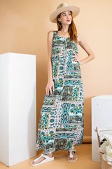SIZE S/M EASEL AQUA Patchwork Print Poly Crepe Loose Fit Maxi Dress BHCS