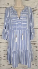 Tommy Bahama Blue Chambray Striped Peasant Dress XS Cotton Bell Sleeve Tassels