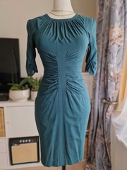 Whistles Bottle Green Silk Blend Ruched Bodycon Pencil Dress UK 8 Full Back Zip