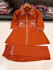 Women Rust Brown Cotton Flex Co-Ord Set Embroidered Top Pant Set