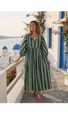 Green Striped Cotton Maxi Dress, Handmade Balloon Sleeve, Loose Fit Resort Wear,