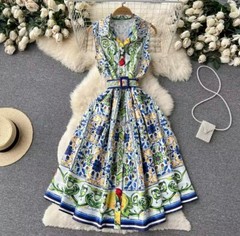 Floral Sleeveless Bohemian A-line Dress, Sicilian Holiday Beach Dress