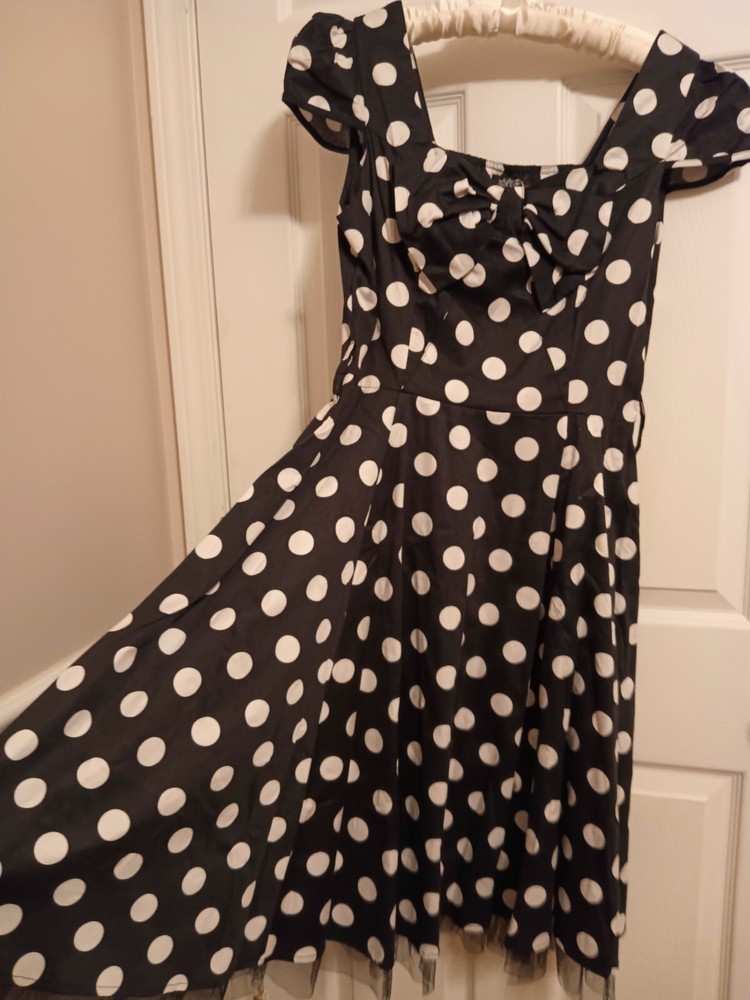 NWT Hearts & Roses RETRO 40s 50s dress black white dot fit&flare stretch 16