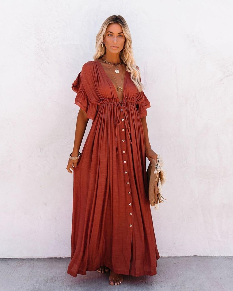 Flawless Size Medium Maria Button Front Boho Flowy Gauzy Maxi Dress