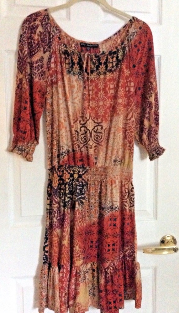 MII KNEE LENGHT SZ M DRESS ORANGE IVORY BLACK BROWN 3/4 SLEEVES ELASTIC HIPS