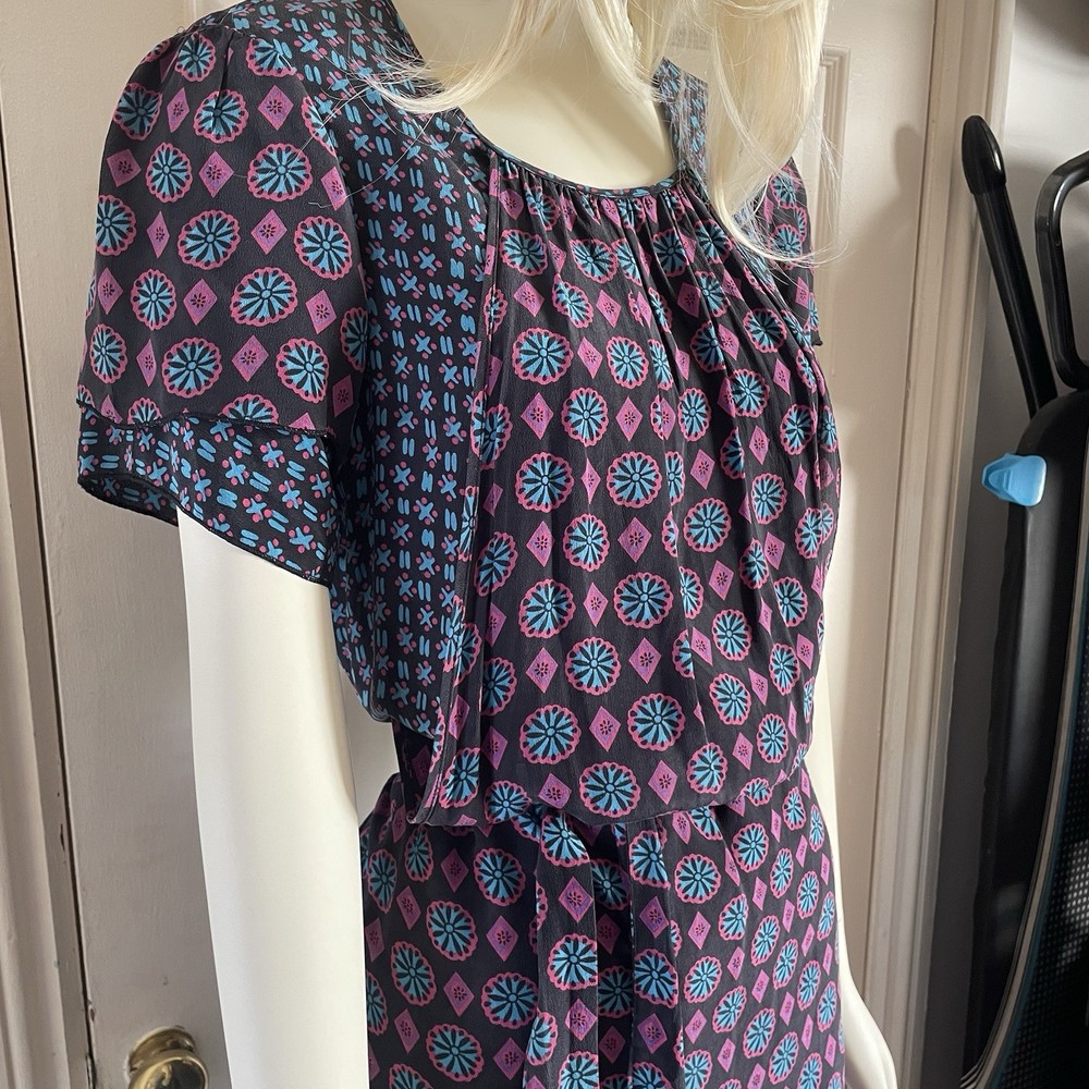Anna Sui 100% Silk Patterned Turquoise Pink Dress / Tunic Cinch Waist Size M