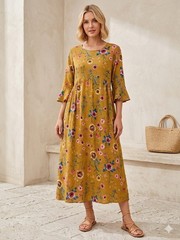 Womens Floral Bell Sleeve Midi Dress Size Small Lightweight Summer Slub Knit