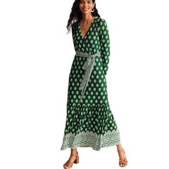 Boden Ophelia Wrap Dress Womens 8 Green White Jersey Block Print Tiered Maxi