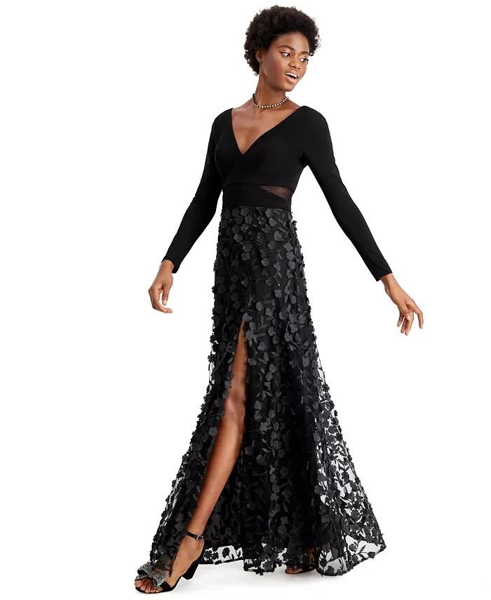 Xscape Black Mesh Cutout Flower Long Sleeve Gown Size 8P $279