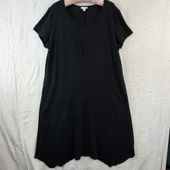 Pure Jill Dress Womens Large Black Short Sleeve Trapeze Swing Knit Midi Pockets