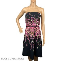 Ann Taylor Loft Strapless Black Pink Green Tube Cotton Floral Evening Dress Sz 2