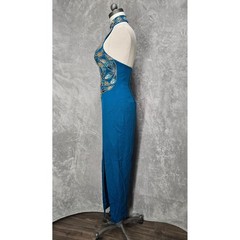 Alyce Design Teal 100% Silk Beaded Sequin Halter Gown Dress Vintage Prom Mermaid