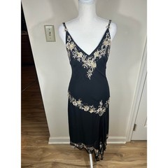 VTG Y2K Cache Silk Dress Sz 4 Black Midi Floral Applique Beaded Fairy Grunge