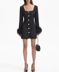Self-Portrait Black Boucle Feather Mini Dress Long Sleeve Tweed Dress for Ladies