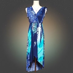 Julia Blue Paisley Animal Print High Low Maxi Dress Sleeveless V-Neck Medium New