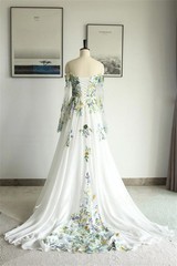 Bell Sleeves Flower Wedding Dresses Elegant Off Shoulder White A-Line Lace Up