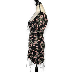 For Love & Lemons Biscotti Silk Mini Dress Women&rsquo;s XS Black Floral Ruched Tie