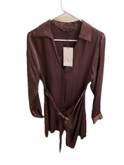 New Zara Satin Look Shirt Dress Size Small Chocolate Brown Belted Buttons