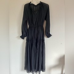 Black Commense Ruffled Chiffon Semi-Sheer Long Sleeve Dress XS