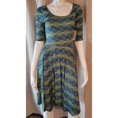 LuLaRoe Nicole Blue Green Scoop Neck Geometric Fit Flair Short Slve Dress XS NWT