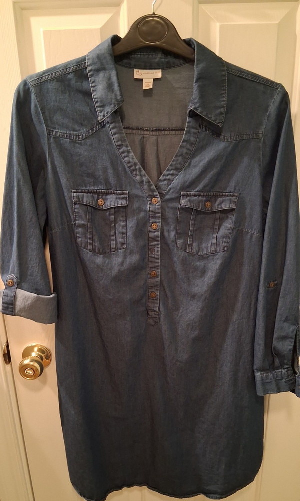 DB Est 1962Denim Shirt Dress Lightweight Chest Pockets Convertible Sleeve Length
