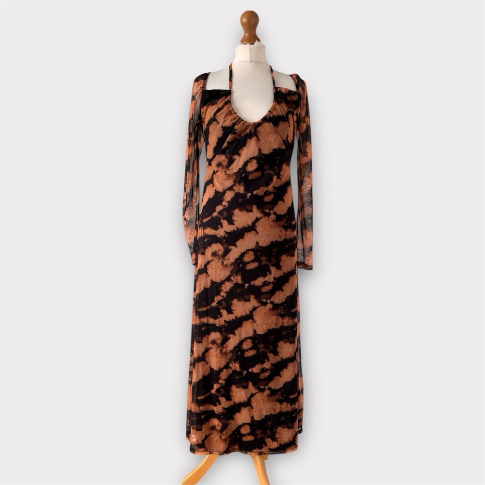 Topshop Mesh Midi Dress S 8 10 Burnt Orange Black Animal Blur Zebra Party Club