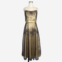 Vintage Y2K Dollar Gold satin mesh overlay beaded floral bow dress Gilmore M