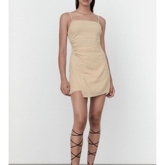 Zara Linen Blend Mini Dress Ruched Tan Strappy Quiet Luxe S Old Money Neutral