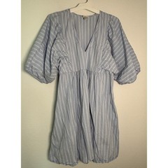 A New Day Striped Puff Sleeve Babydoll Mini Dress Blue White XL V-Neck Ruffle