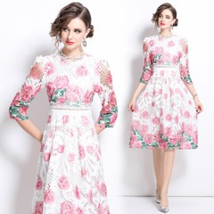 Vintage Floral Print Ruffled Neck Hollow Out Women Casual Party Midi Lace Dress
